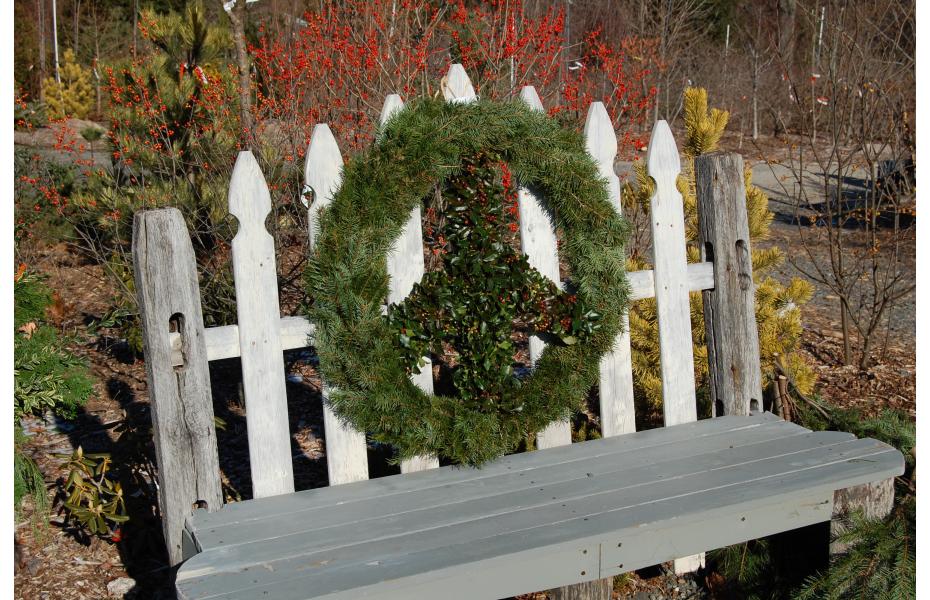 Peace sign wreath on our bench